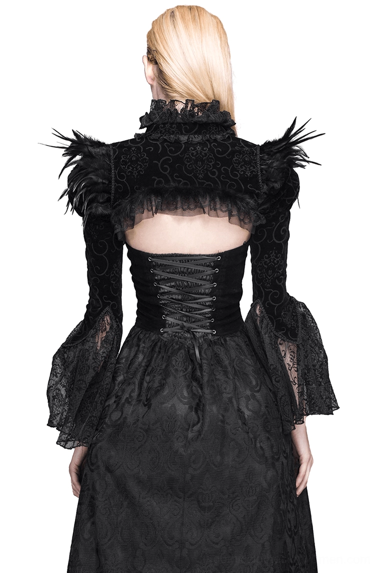 Black gothic lace bolero back view showing lace-up detail and feathered shoulder design