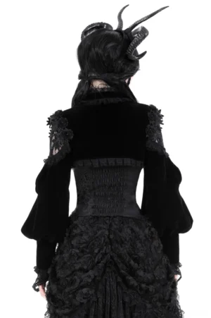 Black gothic velvet bolero back view showing open back design and lace-decorated shoulders, rear full view on model