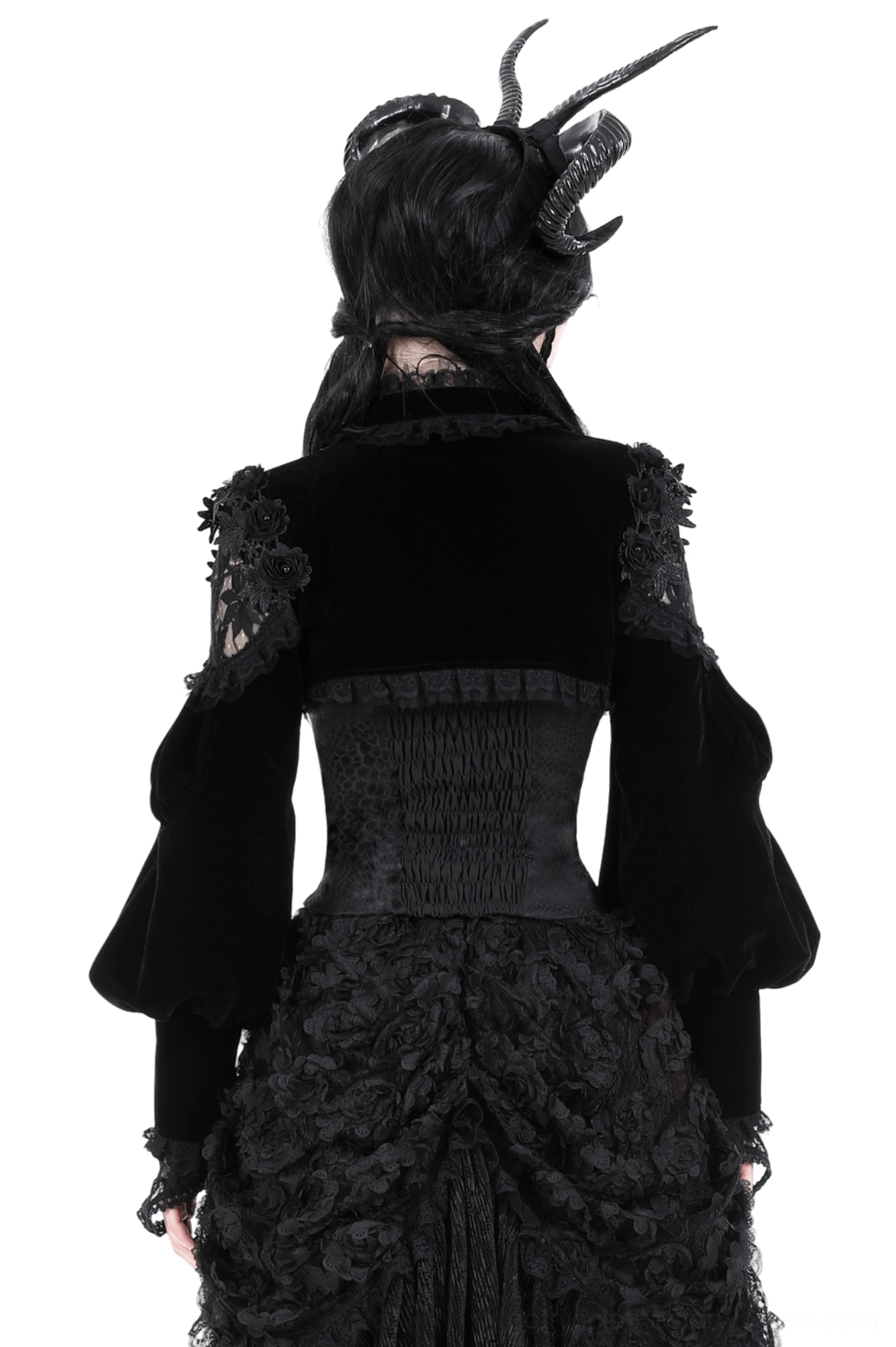 Black gothic velvet bolero back view showing open back design and lace-decorated shoulders, rear full view on model