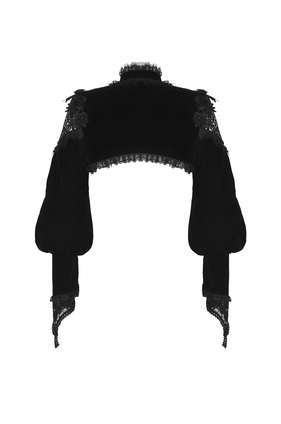 Black velvet gothic bolero rear flat lay featuring open back design and luxurious velvet material texture