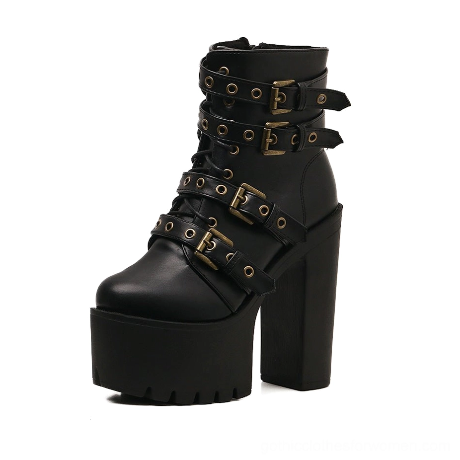 Right side profile of black lace-up gothic platform boots showing rounded toe, 8cm block heel, and waterproof platform construction