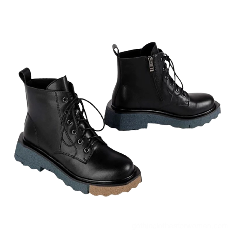 Women's black leather gothic boots with side zipper design and lace-up closure, flat lay top-down product view