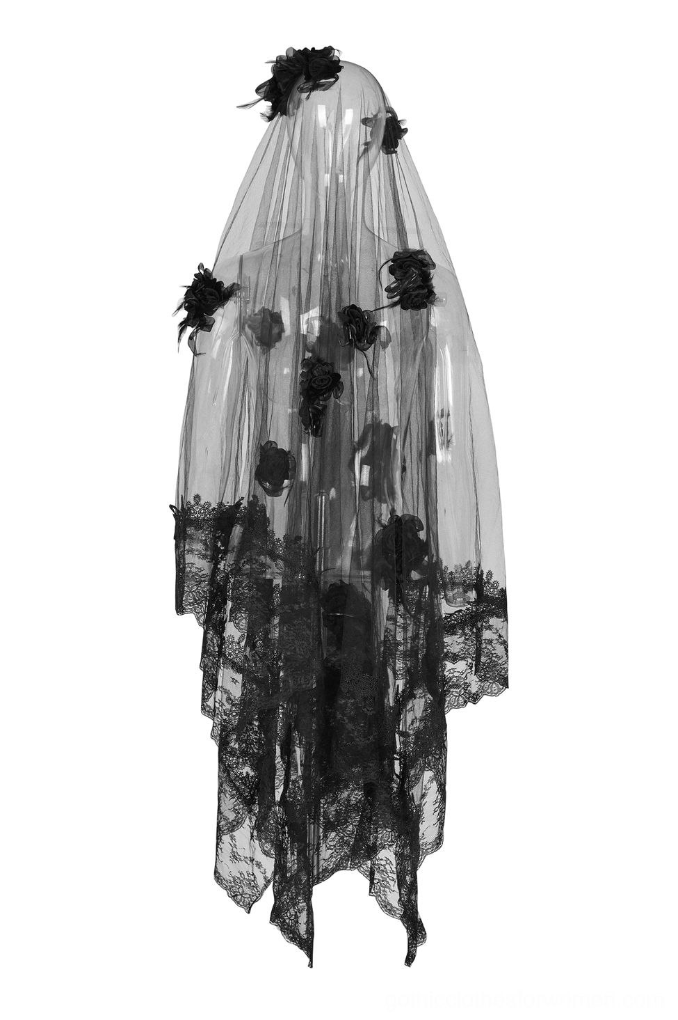 Side view of black gothic lace bridal veil displaying irregular hem and 3D rose decorative elements
