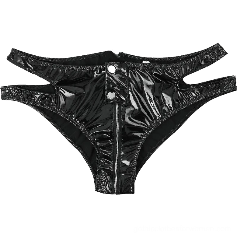 Flat-lay top-down view of black gothic briefs showing front metal buckle and zipper configuration
