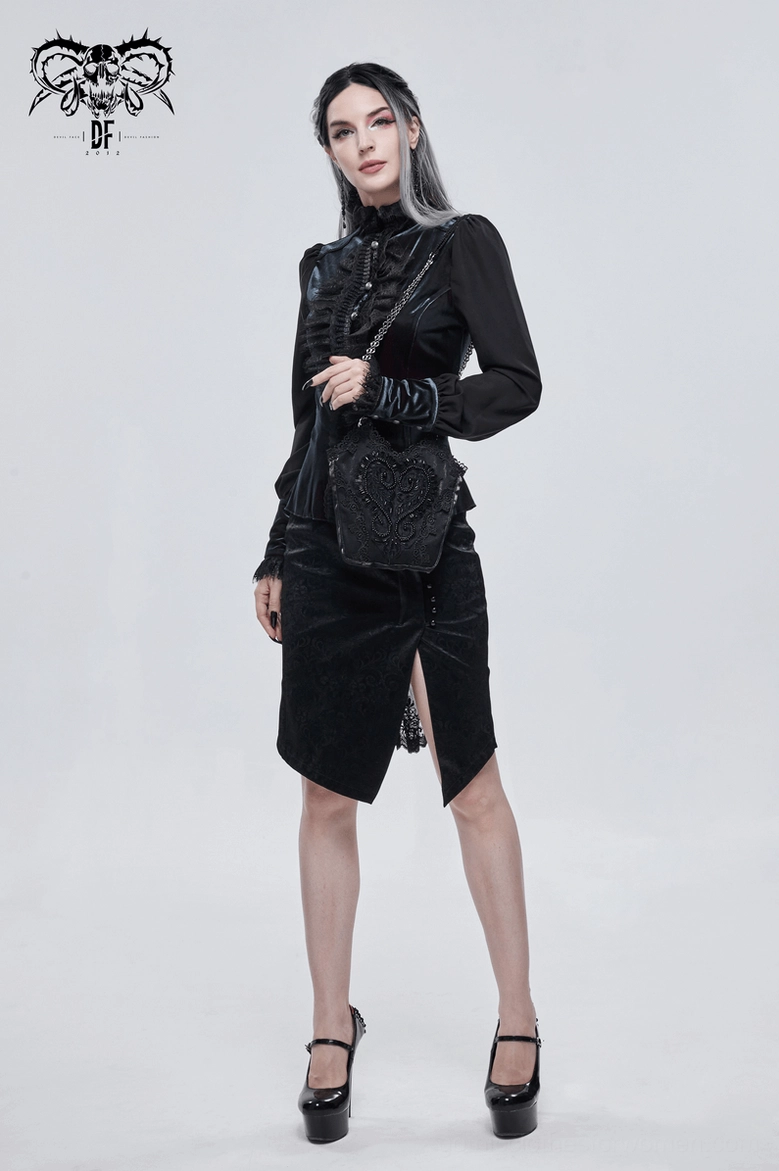 Black gothic bucket bag with guipure lace and chain strap full product showcase