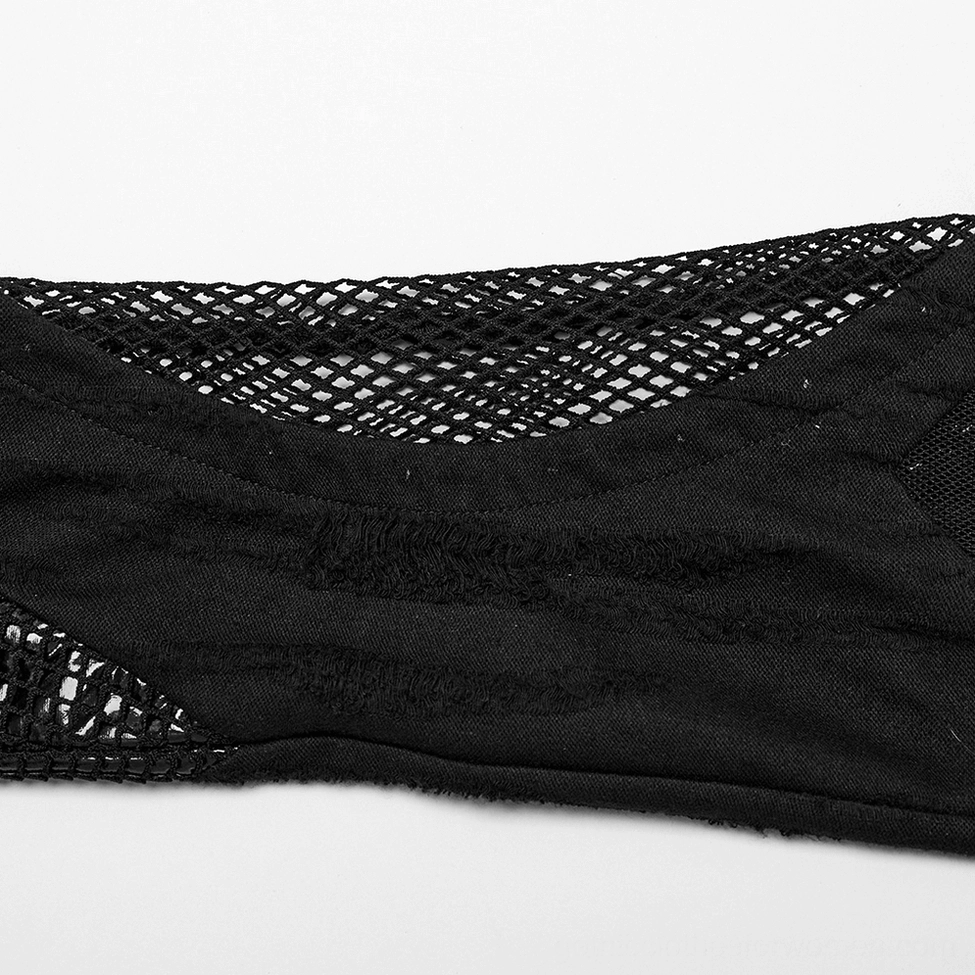 Full length black gothic buckle thigh high leg warmers on display model showcasing slim-fitting upper section and asymmetrical flared silhouette