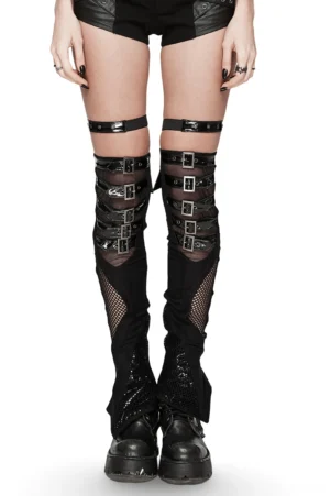Black gothic buckle strap thigh high leg warmers front view, showcasing mesh panels and multi-point metal buckle straps on slim-fitting silhouette