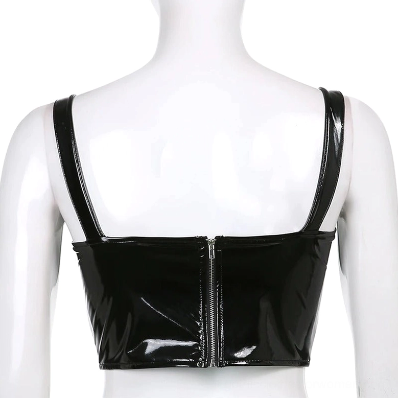 Rear view of black glossy PU leather gothic crop top on mannequin, featuring central back zipper and solid leather construction