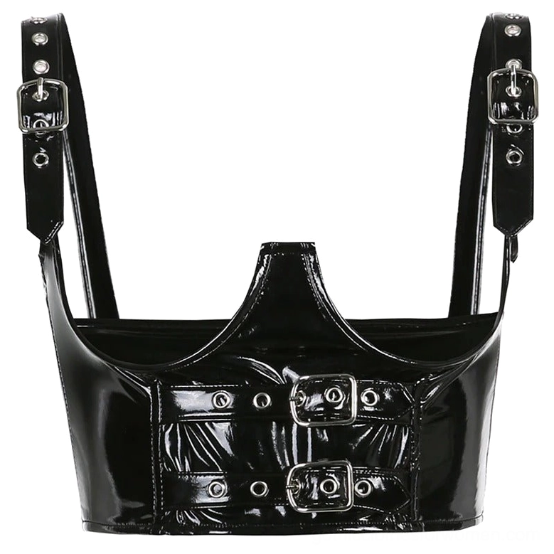 Overhead flat lay view of black glossy PU leather gothic crop top with adjustable buckled shoulder straps and dual front fasteners