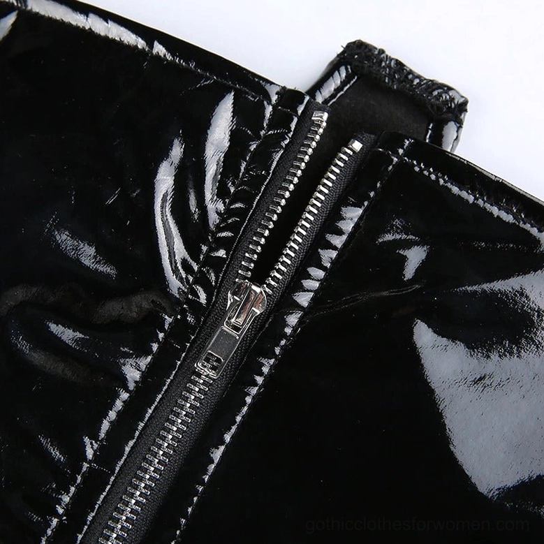 Black gothic crop top on female model, full-length styling view demonstrating how to wear with dark aesthetic fashion