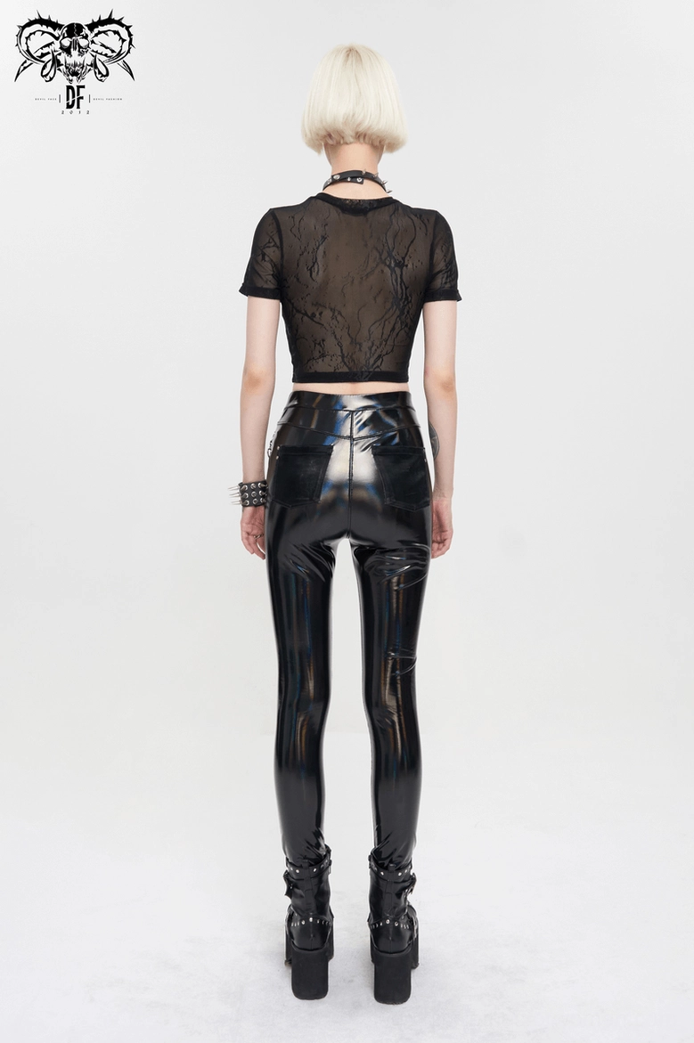 Black gothic punk bustier crop top layering view - mesh lace and leather blend construction