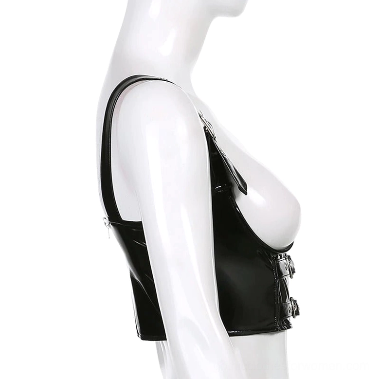 Left side view of black PU leather gothic bustier crop top on female mannequin, showing side zipper closure and tailored leather fit