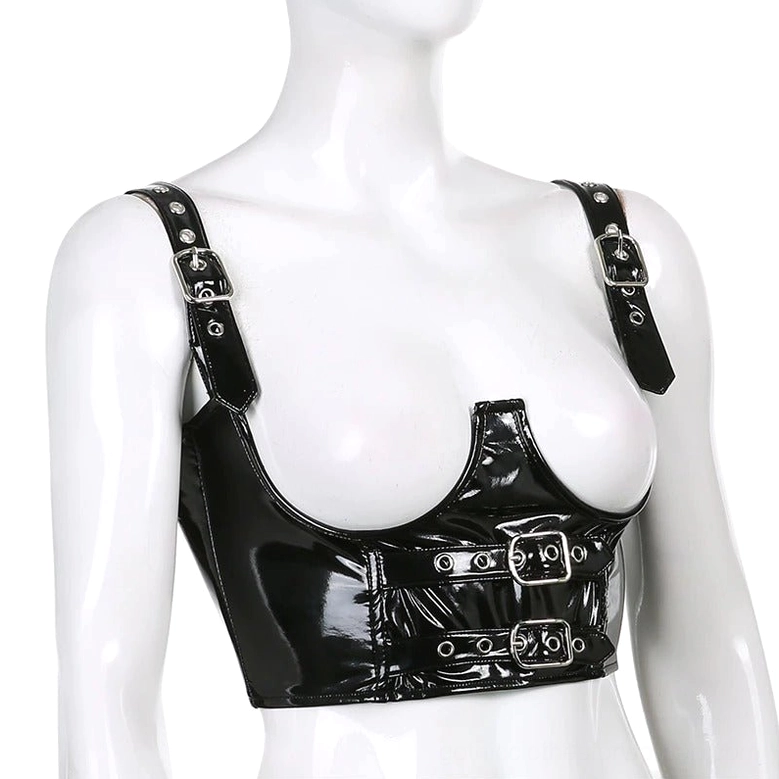 Black glossy PU leather gothic bustier crop top on mannequin, three-quarter front view displaying dual front buckle details