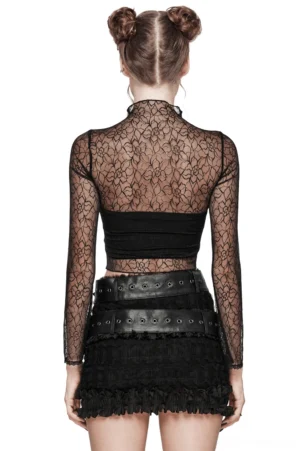 Black gothic lace butterfly crop top back view showing sheer mesh panel and cropped inner top on model