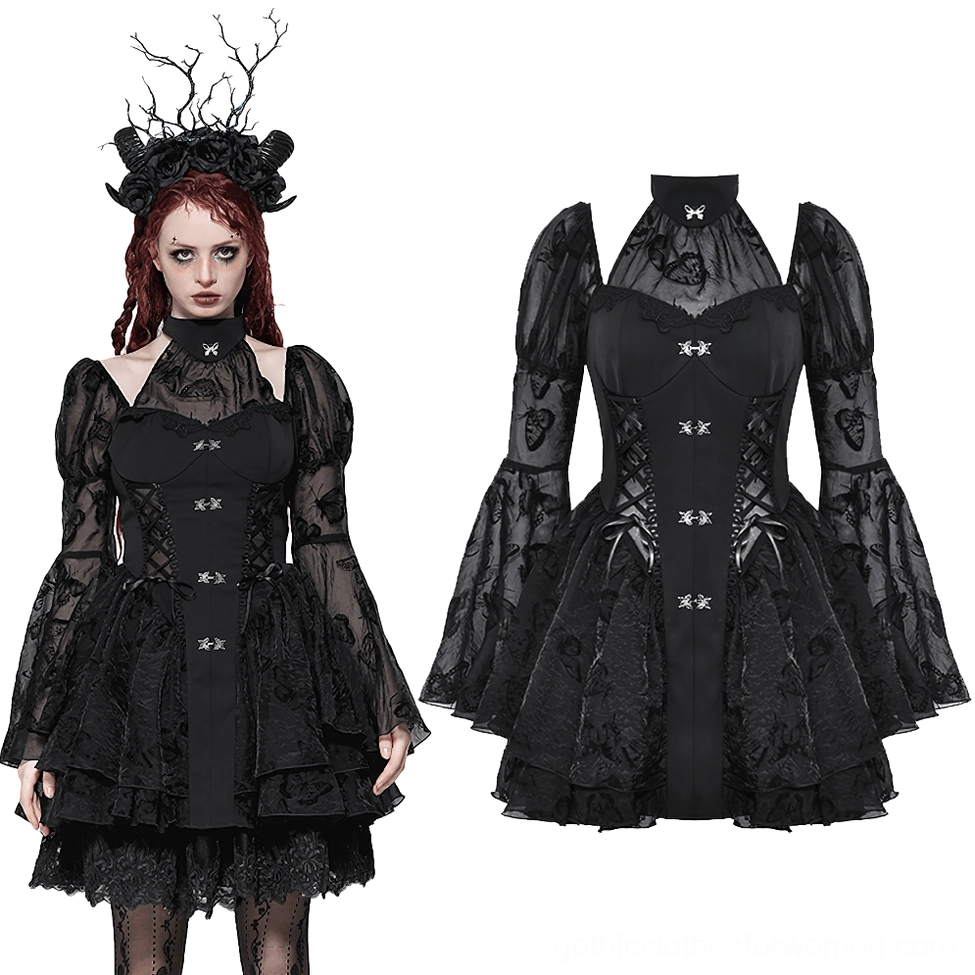 Black gothic butterfly lolita dress flat lay front view highlighting corset waist and structured bodice