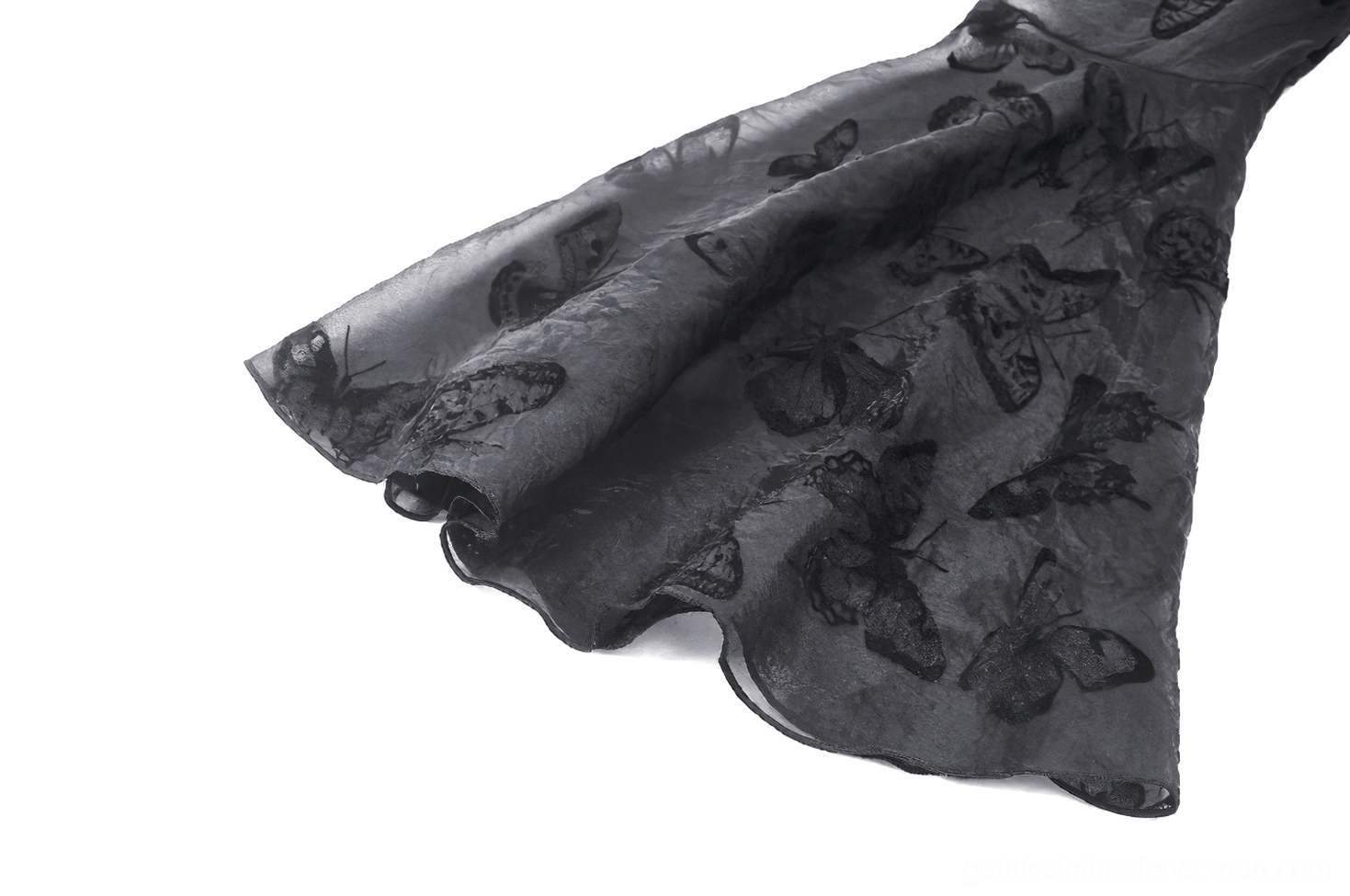 Black gothic butterfly dress styling view showing complete silhouette with layered ruffled hem