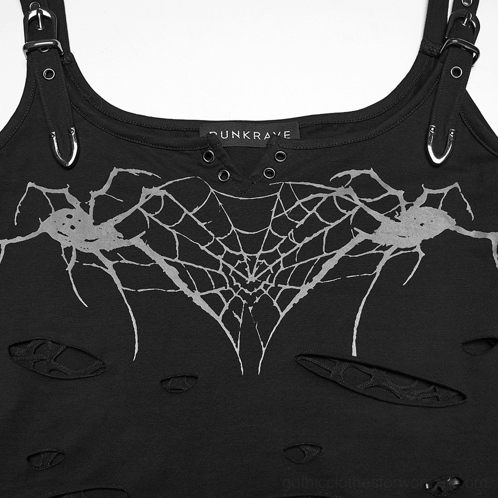 Close-up neckline detail of black spider web gothic camisole showing brand label and print quality