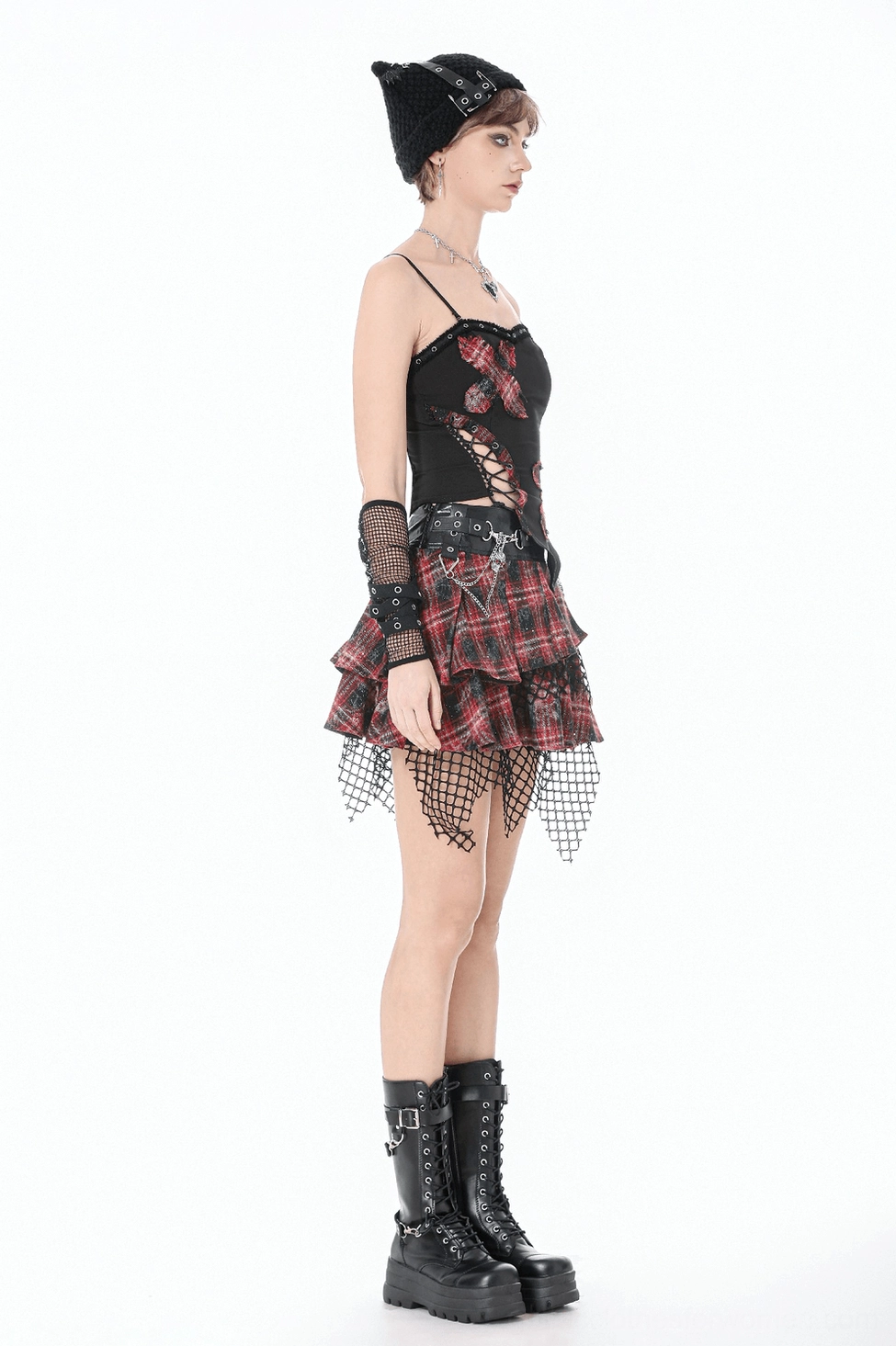 Black gothic corset cami top full body shot showing architectural sweetheart neckline, pointed hemline, and overall gothic aesthetic