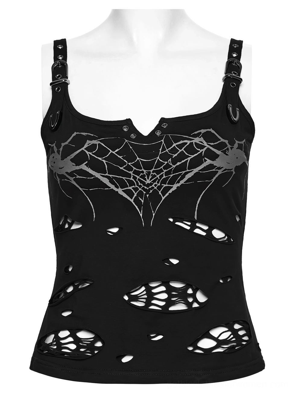 Black gothic camisole close-up front view on mannequin featuring V-neckline, buckle straps, and distressed holes