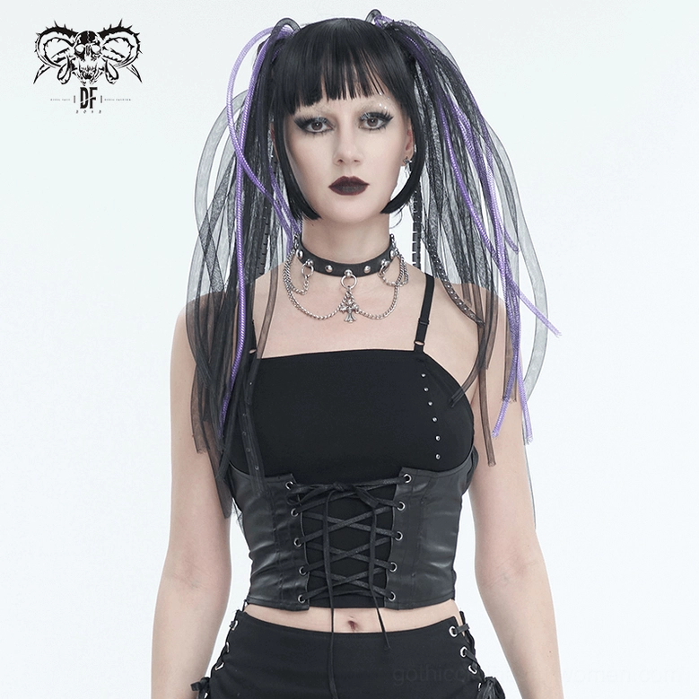 Full view of black gothic camisole highlighting overall splice design, lace-up front, and studded trim accents on white background