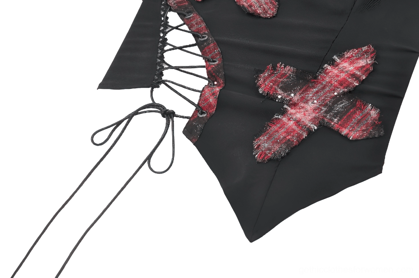 Close-up detail of side lace-up construction with metal eyelets and lace drawstring on black gothic corset cami top
