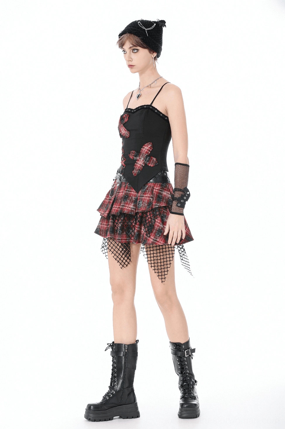 Black gothic corset cami top styled with gothic subculture-inspired accessories and dark fashion statement outfit
