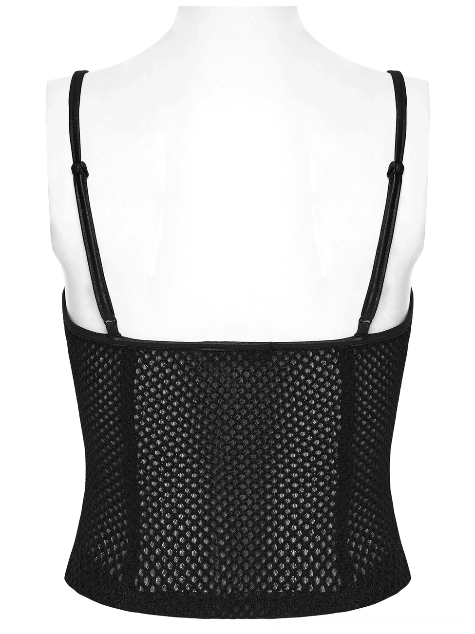 Black gothic camisole back flat lay view showcasing full mesh back design and adjustable spaghetti straps