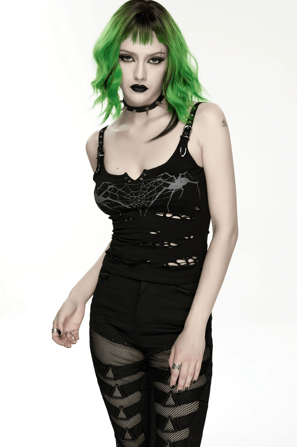 Black distressed gothic camisole front detail view highlighting burnout holes and mesh construction