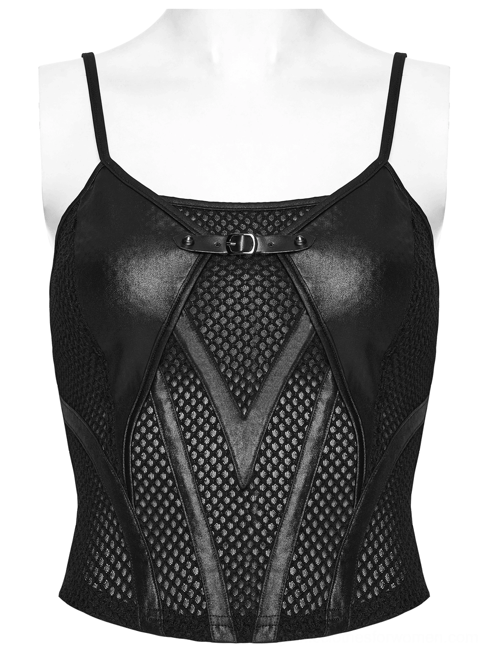Black gothic camisole flat lay front view on mannequin displaying mesh body with faux leather panels and adjustable straps