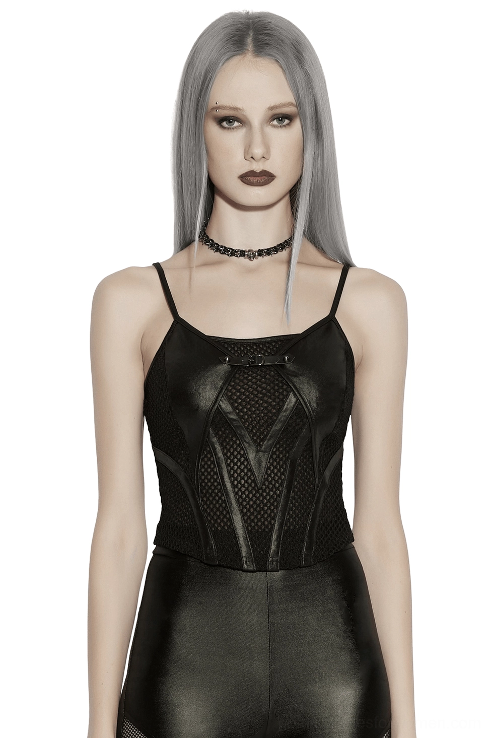 Black gothic mesh camisole top with faux leather panels and adjustable spaghetti straps, front full-body view on model with silver hair