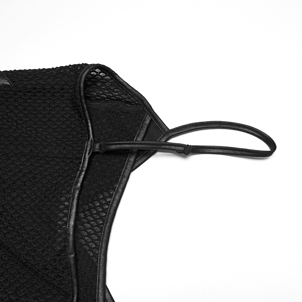 Black gothic mesh camisole top alternative angle showing overall silhouette and faux leather panel placement