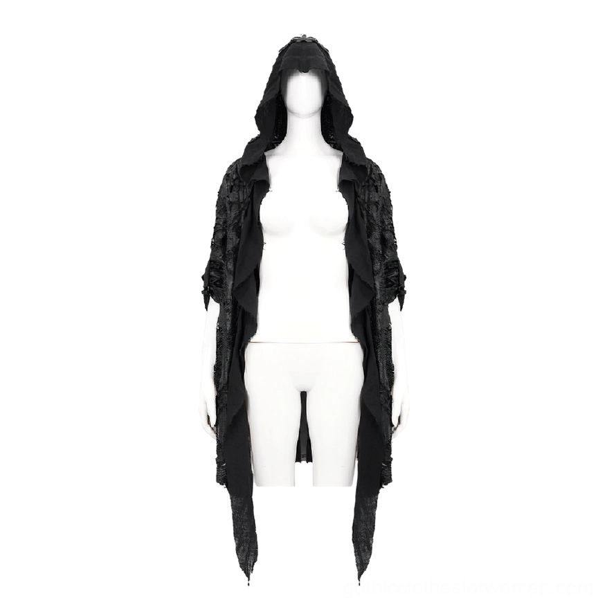 Front view of black gothic hooded cape with asymmetrical open design and oversized hood, full torso display