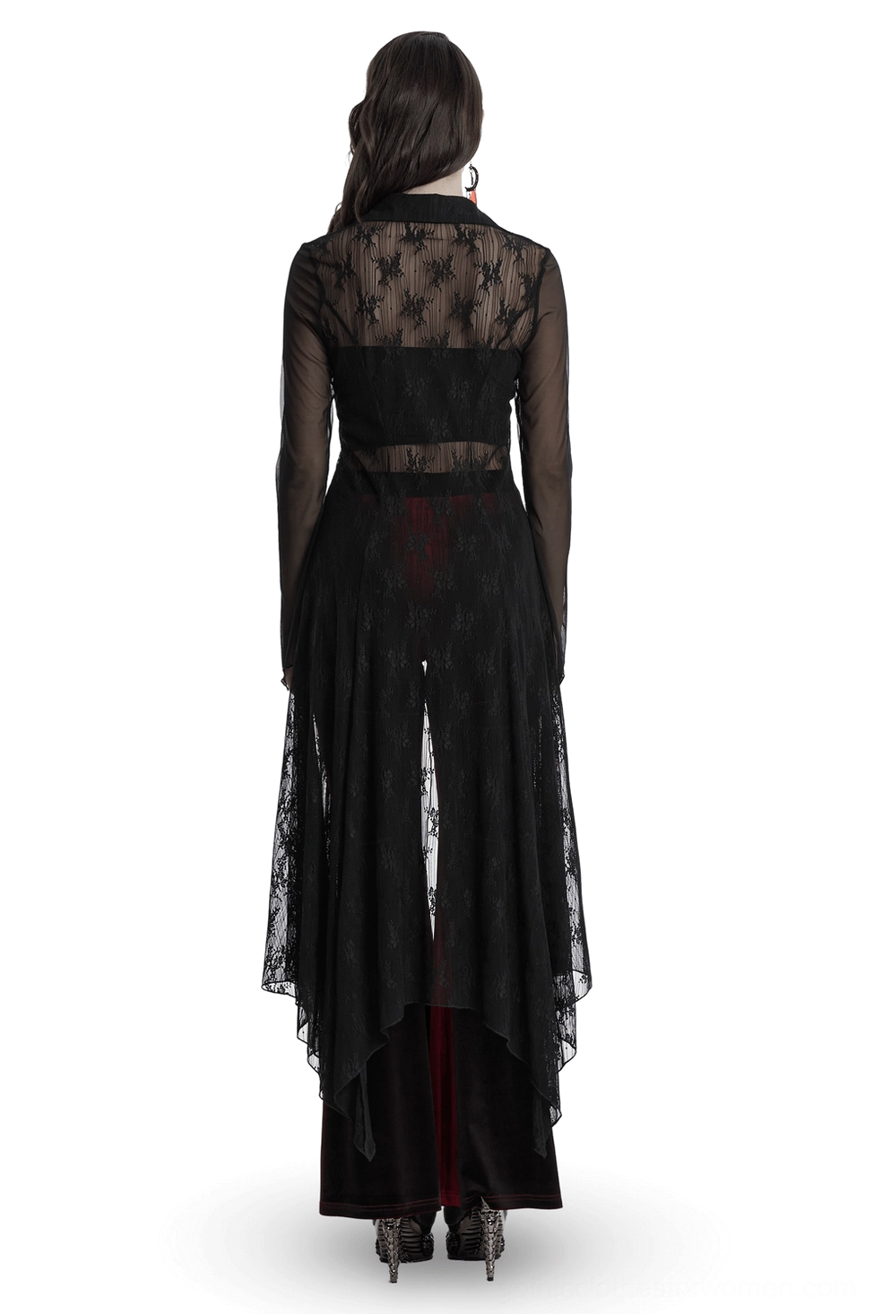 Black gothic lace cape rear view on model, showcasing waist cutout and uneven hemline detail