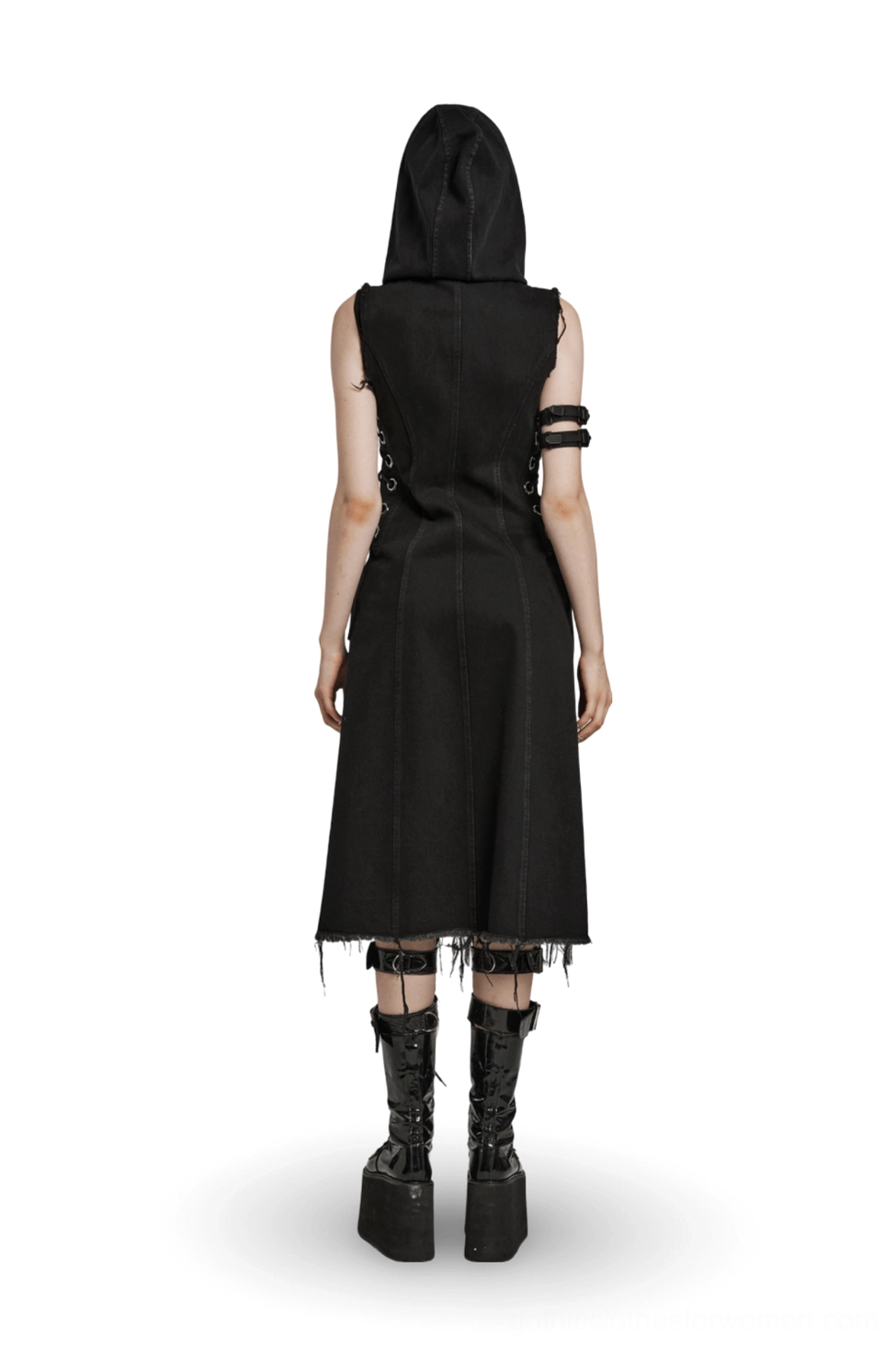 Black punk hooded denim cape rear view on female model, showcasing sleeveless cut and raw frayed hem with draped silhouette