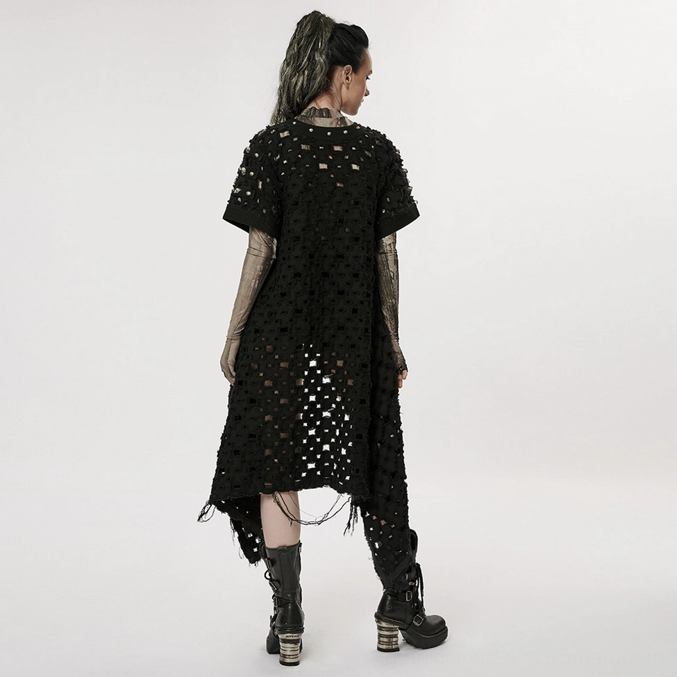 Black gothic cape cardigan with all-over distressing, neck harness, and skull rivets displayed on mannequin