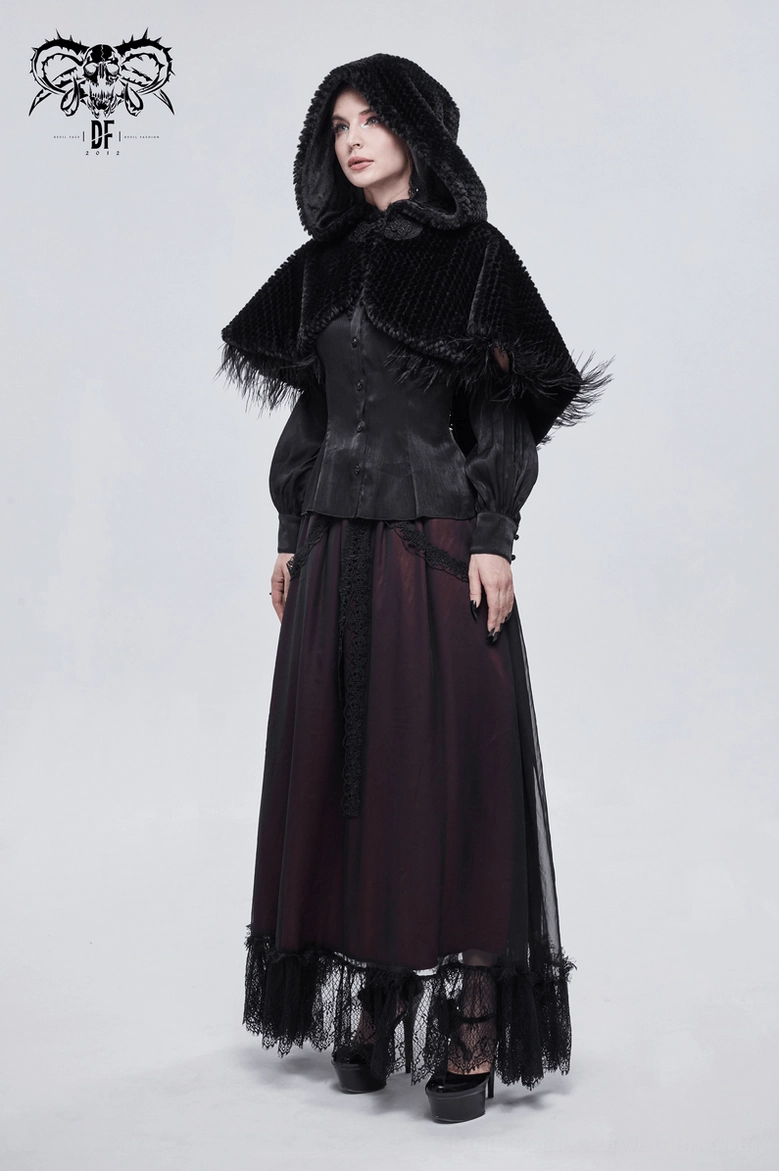 Black gothic hooded cape product shot featuring all design elements: feathers, pom-poms, lace-up back and frog closures