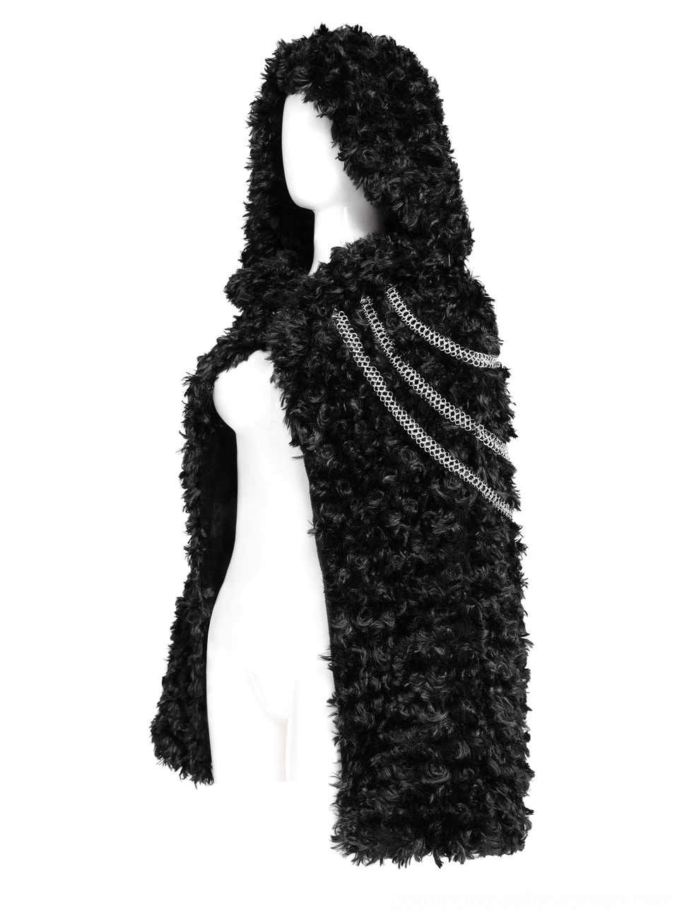 Black faux fur gothic cape with chains, side profile view on mannequin