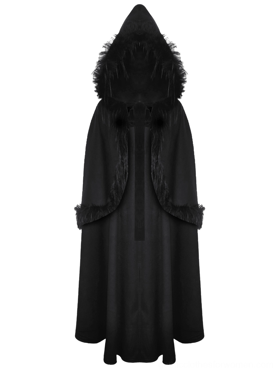 Flat lay front view of black gothic hooded cape showing full silhouette and faux fur details