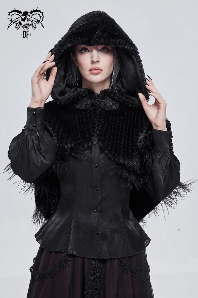 Full product view of black gothic hooded cape with feather trim and decorative pom-pom accents