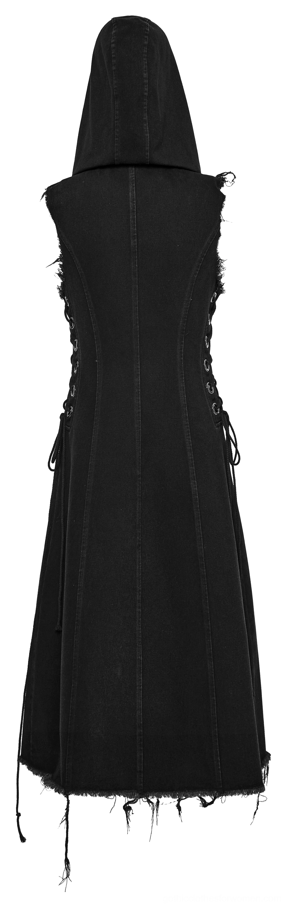Black punk hooded denim cape rear mannequin view, frayed raw hem, back seam structure and side lace-up details