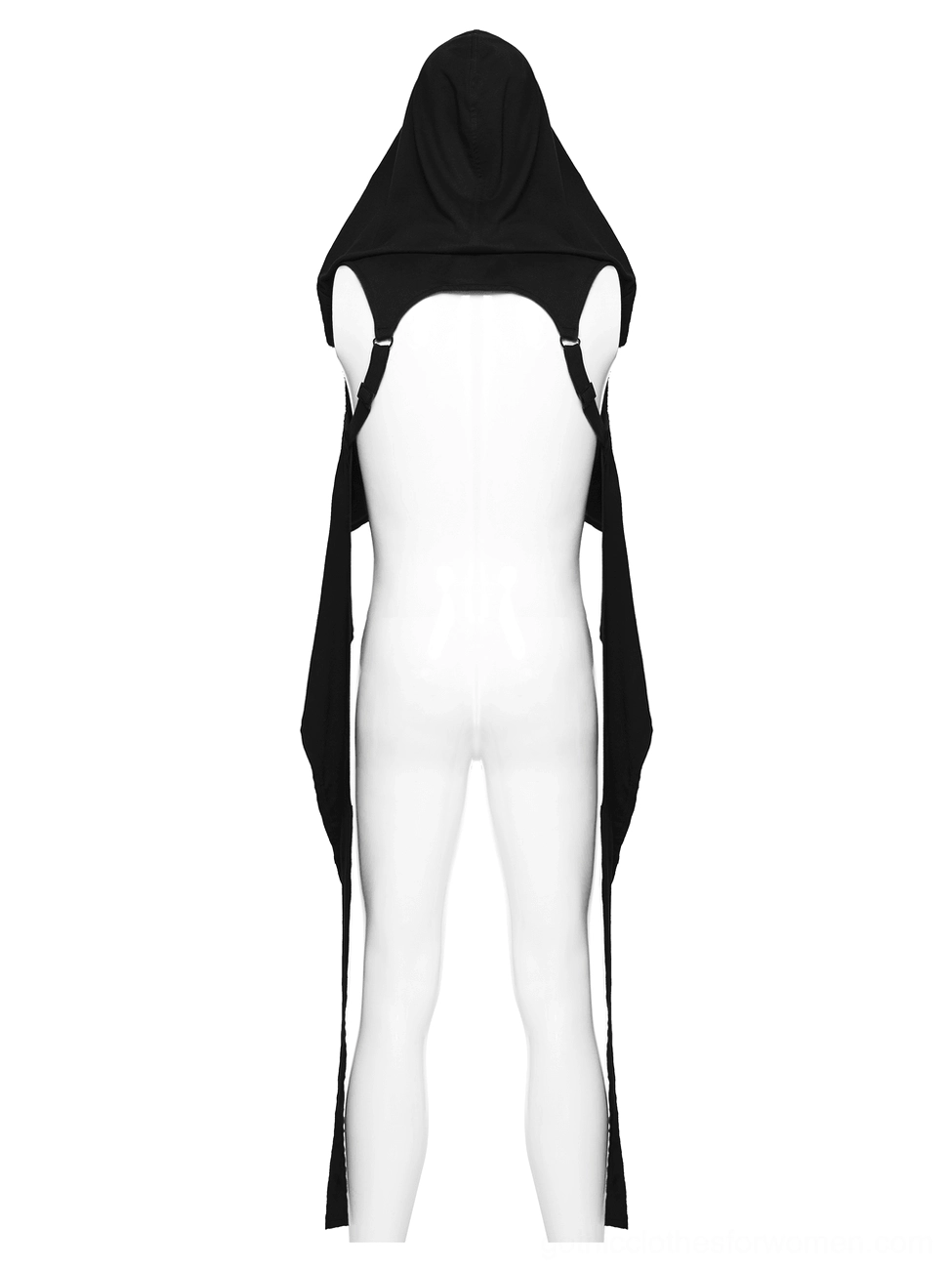 Black gothic cape vest back view on mannequin, open back straps and long side flaps with architectural draping
