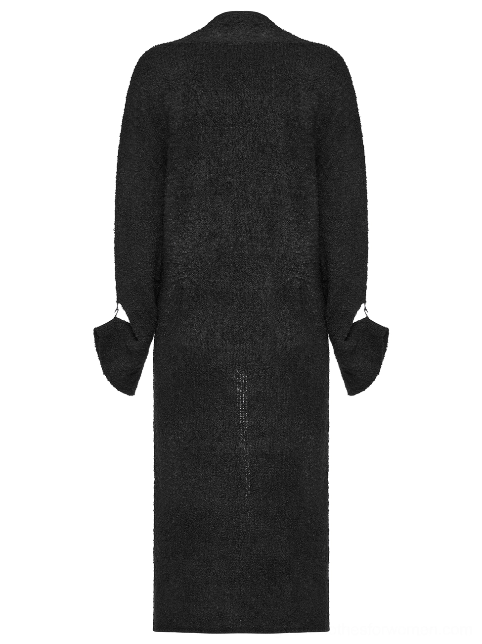 Black gothic cardigan back flat lay displaying loose long sleeves rolled cuffs and boucle knit fabric
