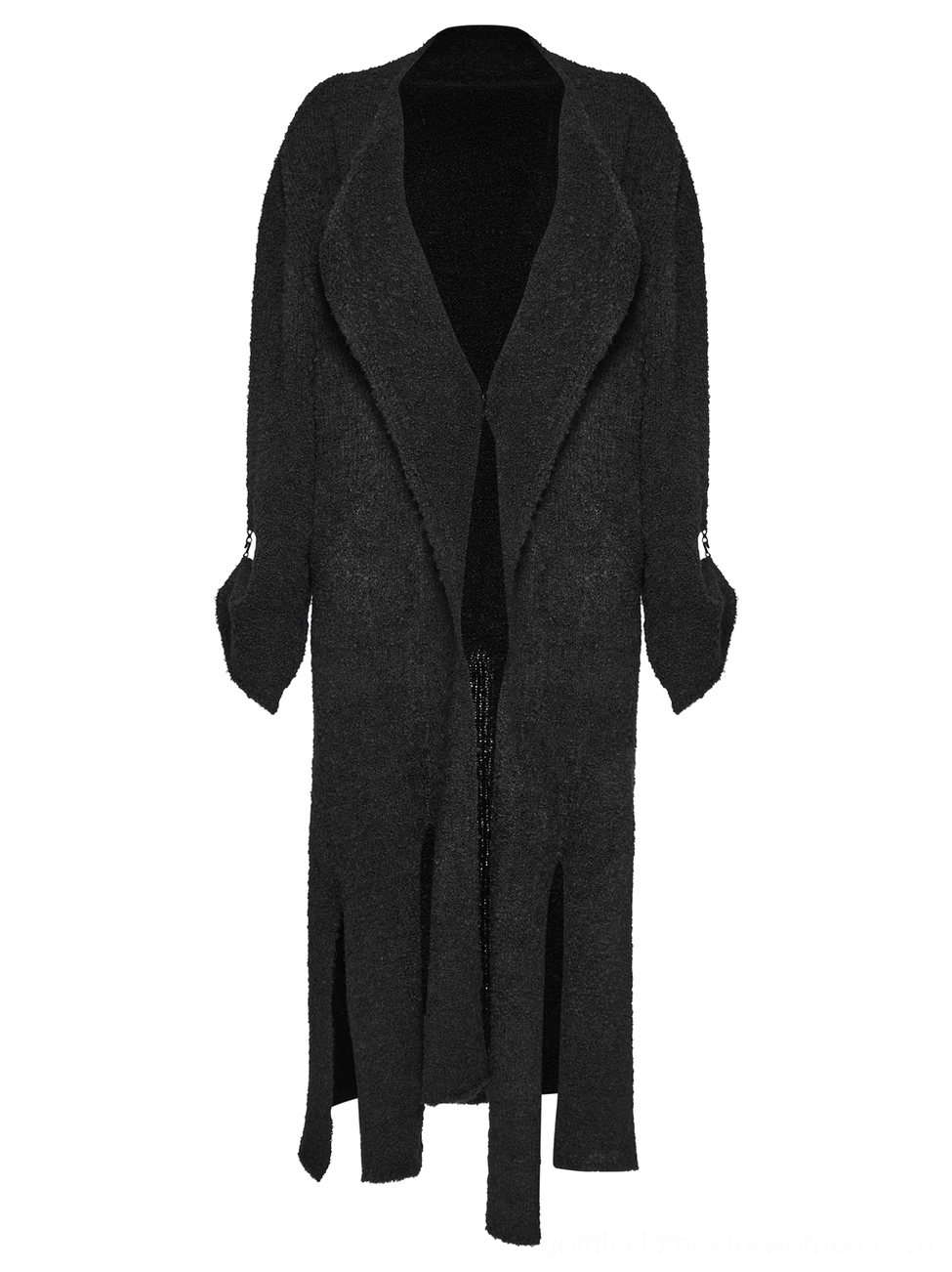 Black gothic cardigan front flat lay shot showing shawl collar rolled cuff with metal hook-and-eye closure