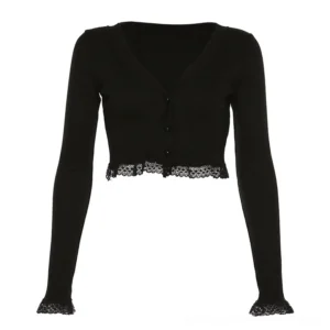 Black gothic crop cardigan with V-neck and lace trims, flat lay front view on white background
