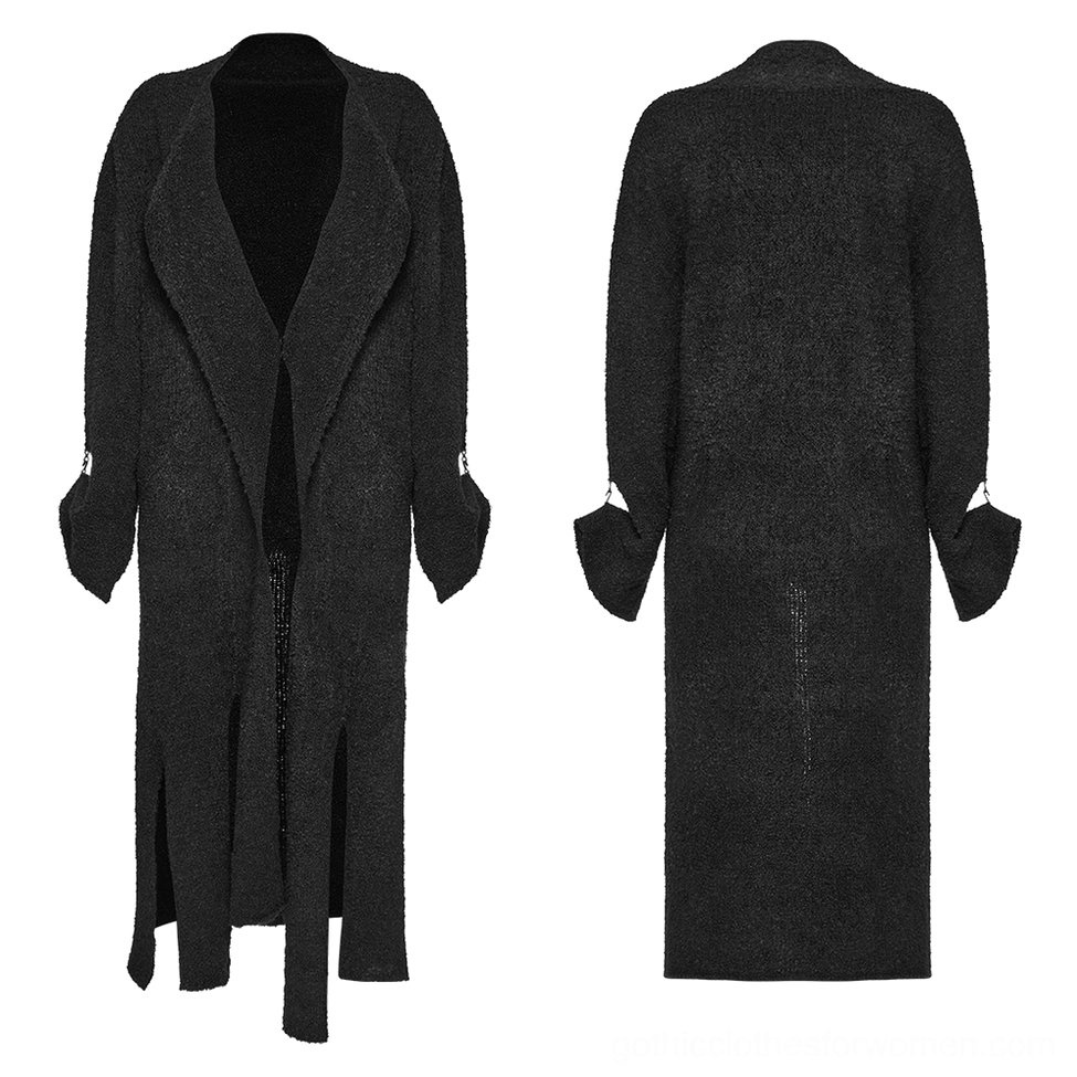 Black wool-blend gothic cardigan flat lay front and back display with shawl collar and metal cuff hardware