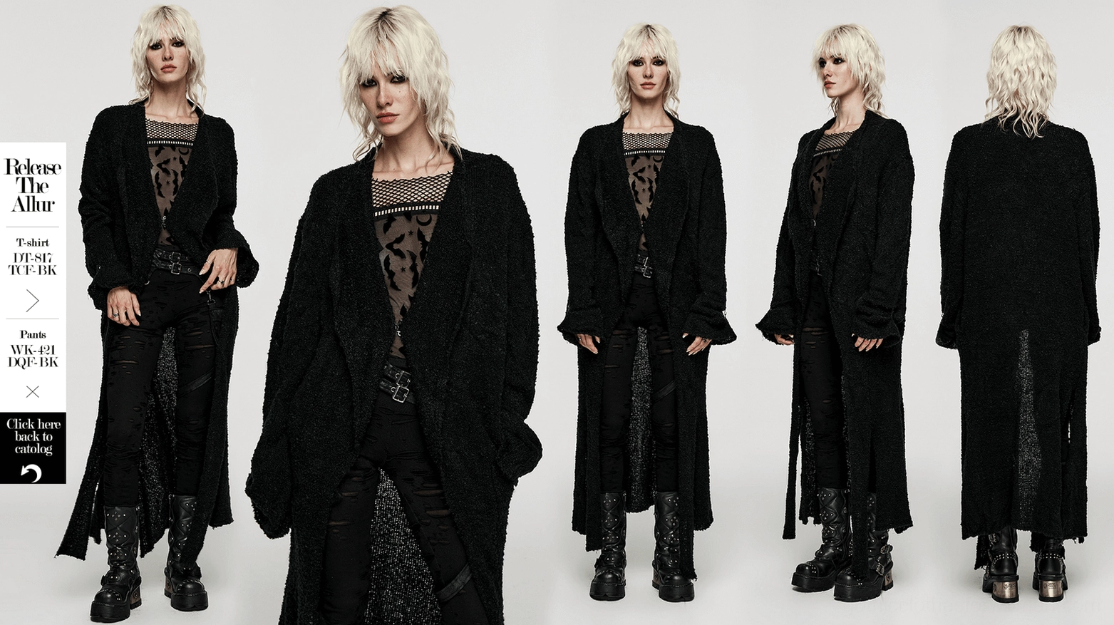 Black gothic wool-blend cardigan full length styled shot showing asymmetric hem and sophisticated shawl collar