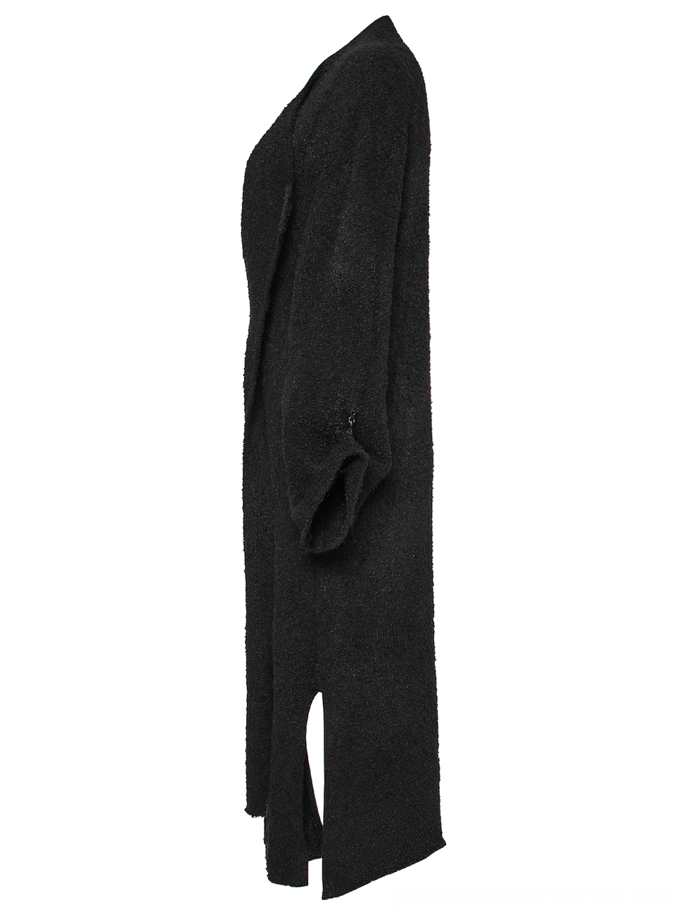 Black wool cardigan side profile showing slim long silhouette asymmetric hem slit and boucle fabric texture