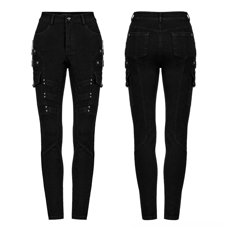 Black gothic cargo jeans flat lay display front and back, showing thigh zippers cargo pockets and utility loops
