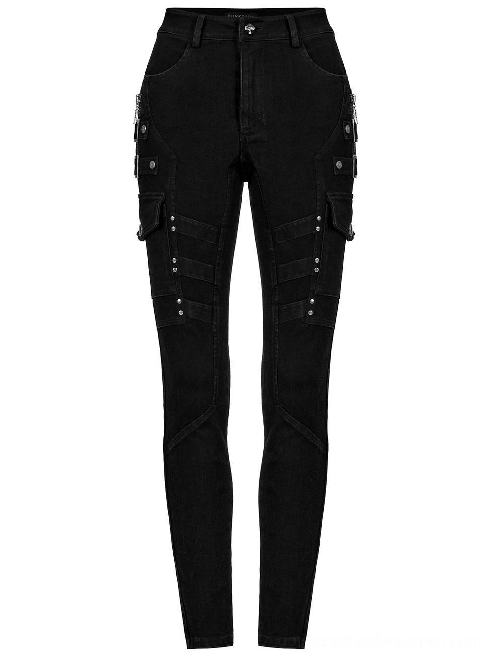 Black gothic cargo jeans front flat lay, slim tapered leg with side utility pockets and zipper details