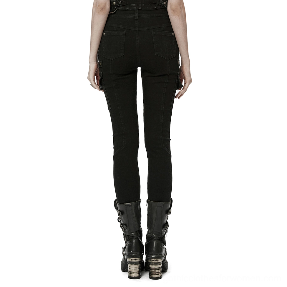 Black gothic cargo jeans rear view on model, tailored back pockets and seam details, alternative punk trousers
